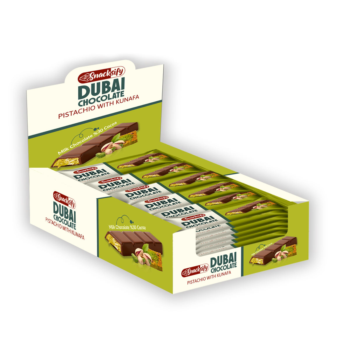 Box of Dubai Chocolate bars with pistachio and kunafa filling on a white background