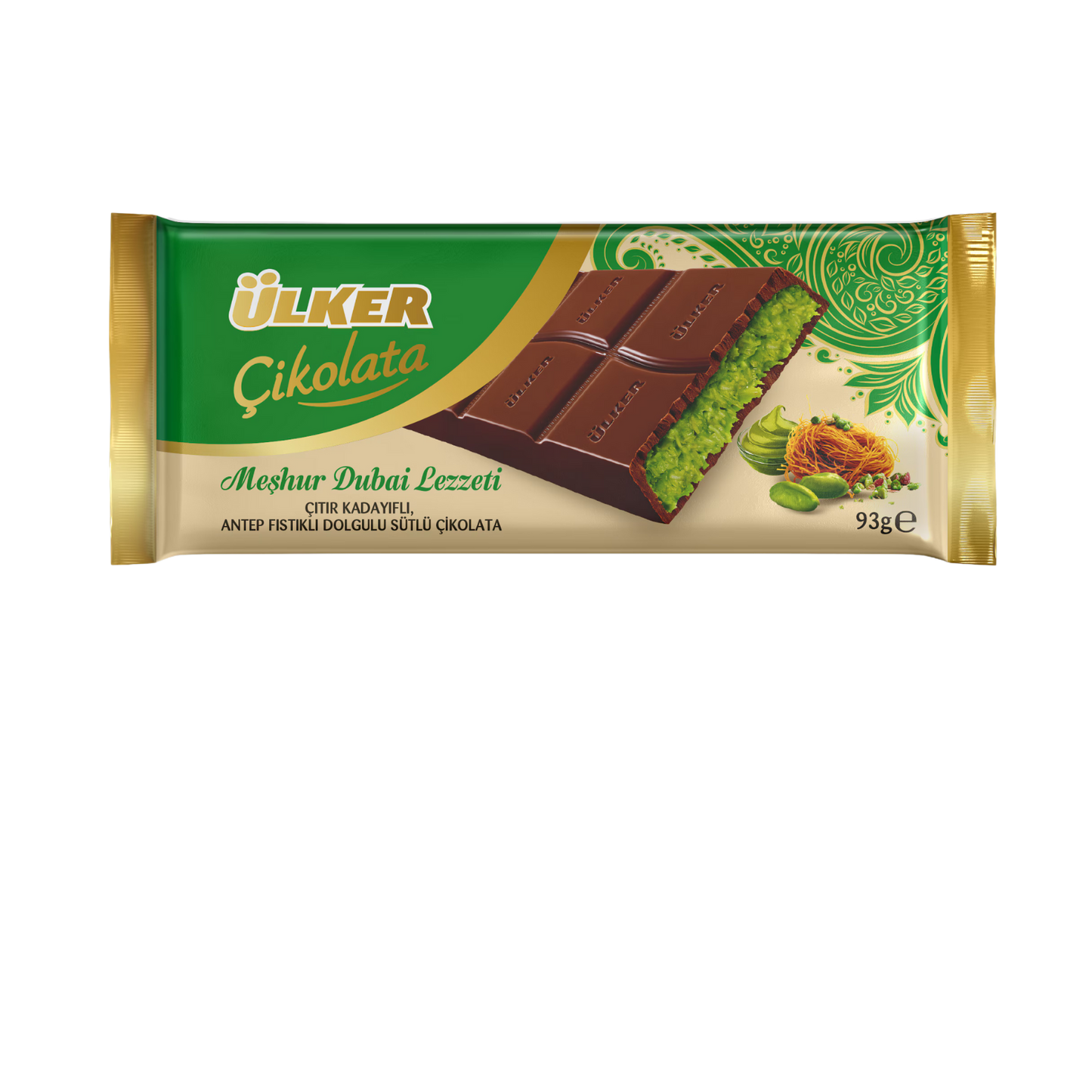 Ulker dubai chocolate bar packaging with green and brown design on a white background