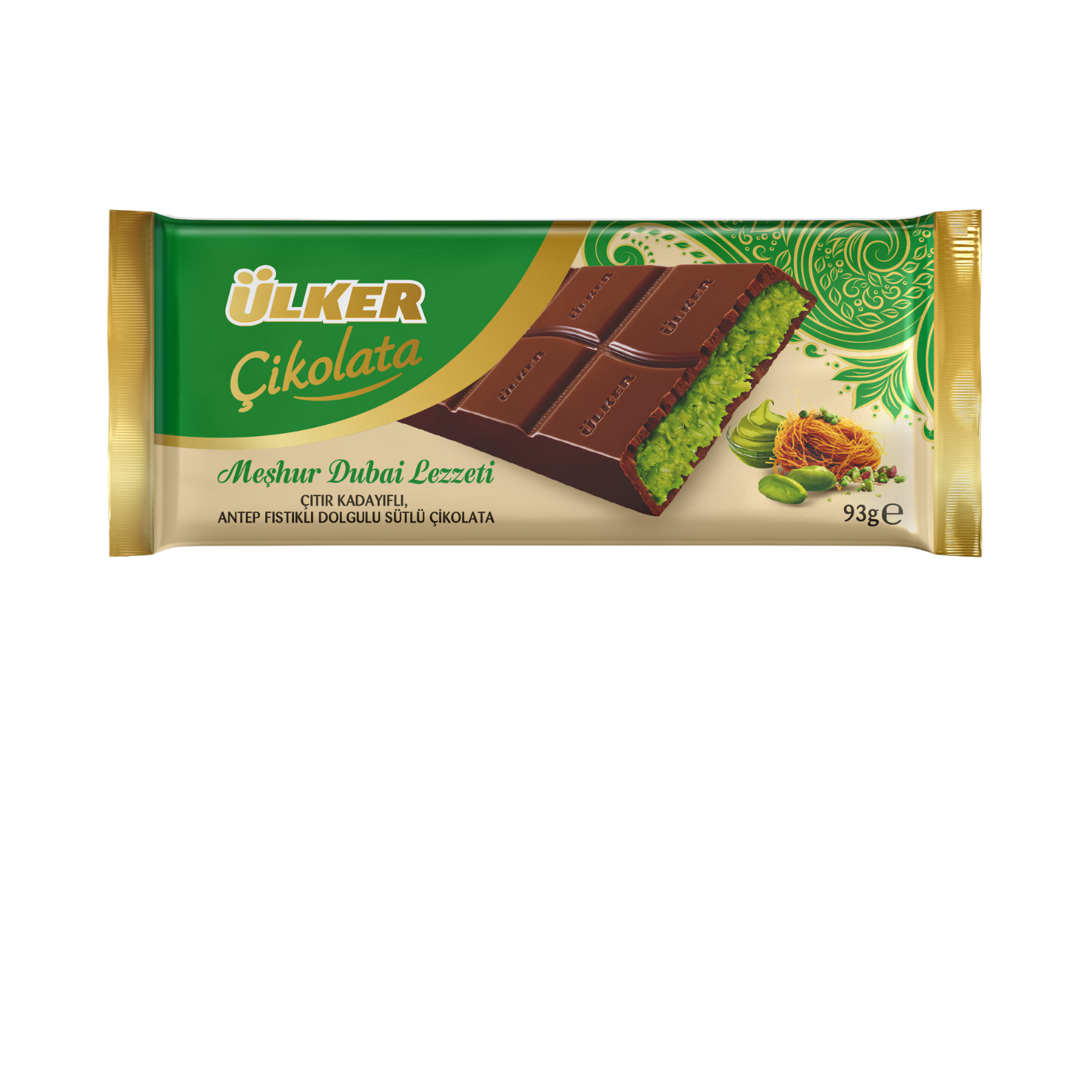 Ulker dubai chocolate bar packaging with green and brown design on a white background