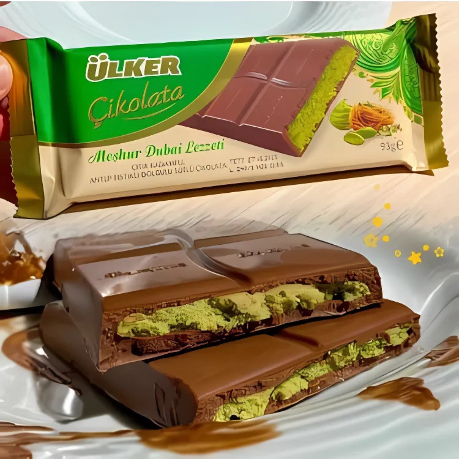 Ulker pistachio chocolate bar with green filling on a white background
