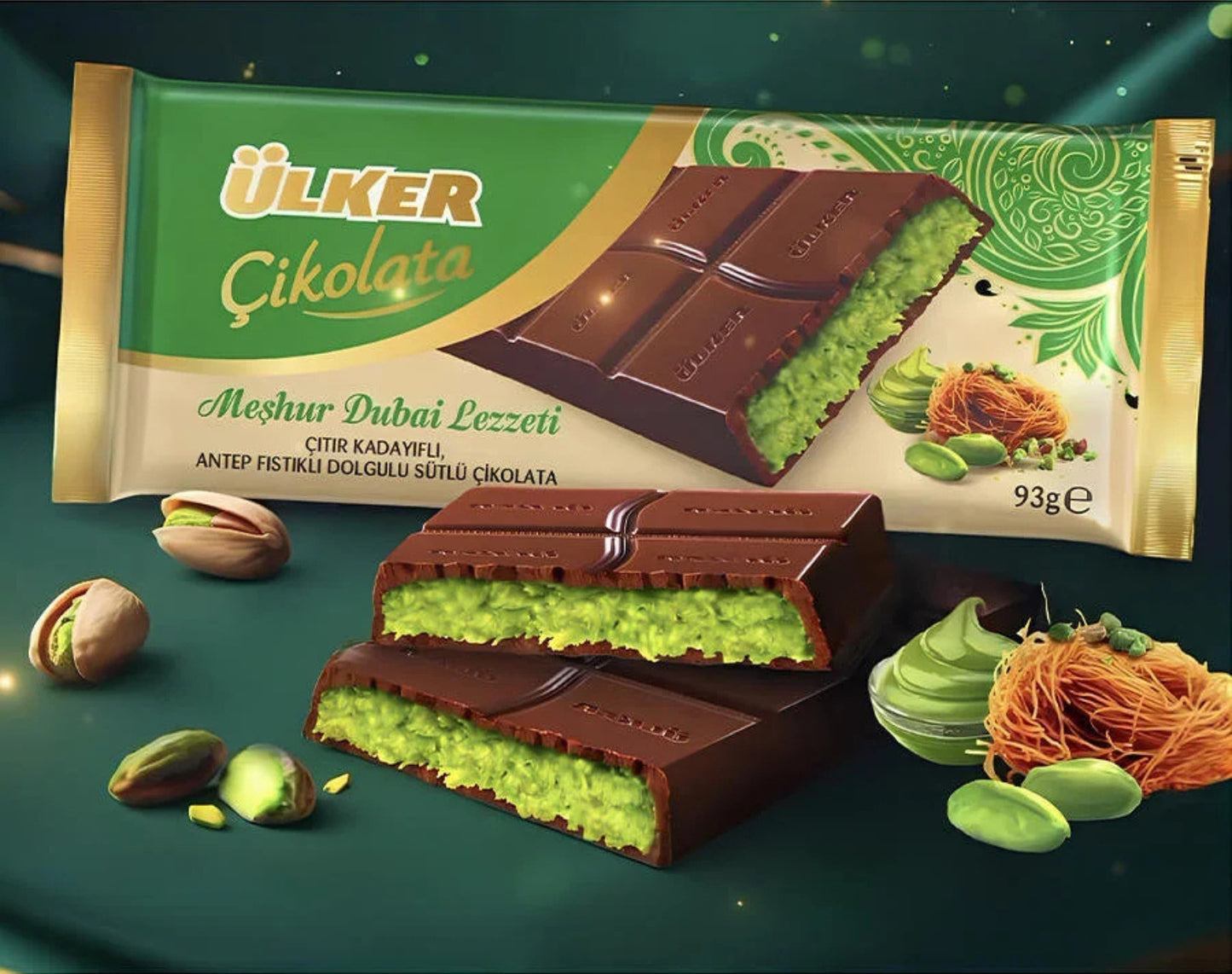 Ulker chocolate bar with pistachio and kunefe filling on a green background