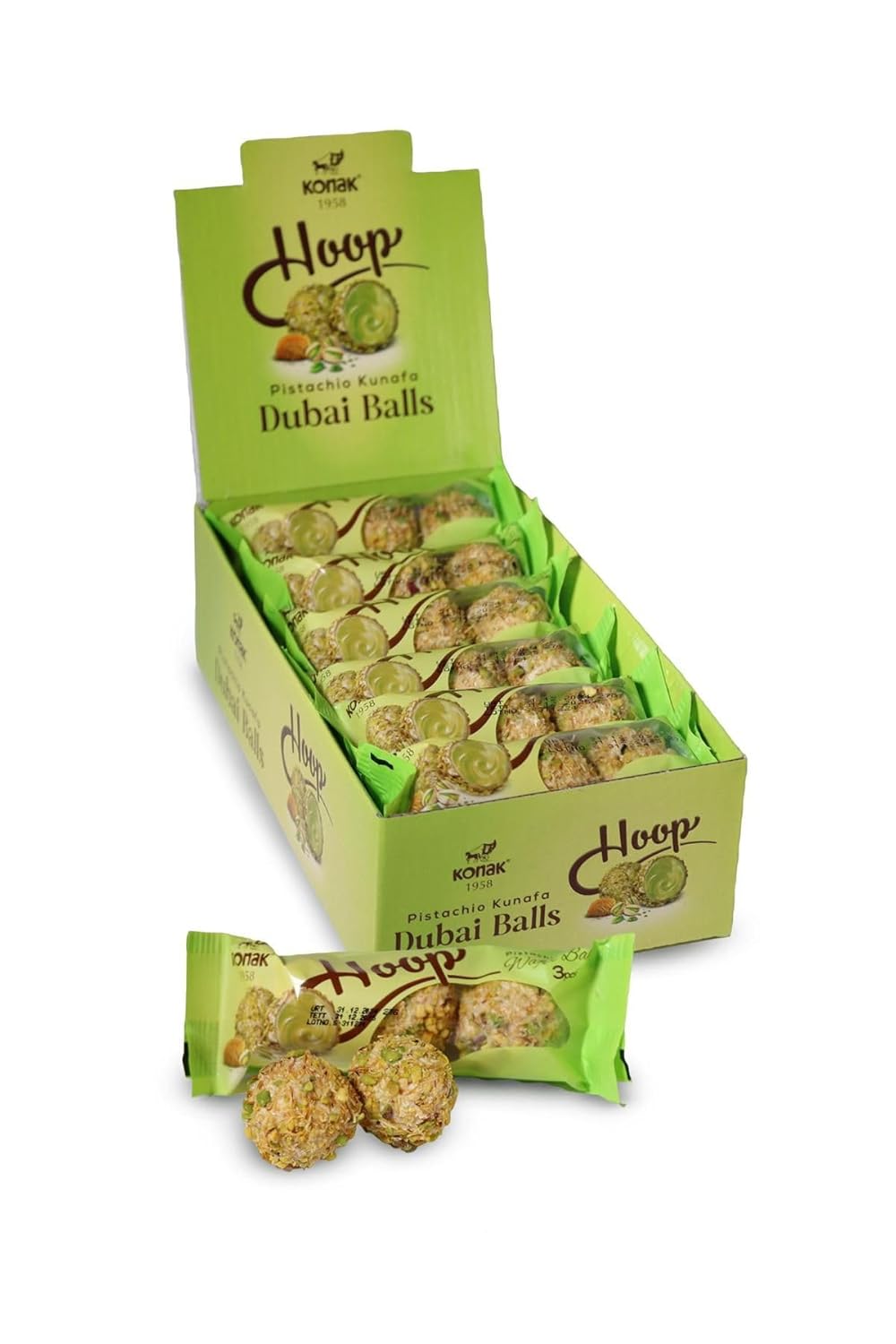 Box of Dubai Chocolate Balls with green packaging on a white background