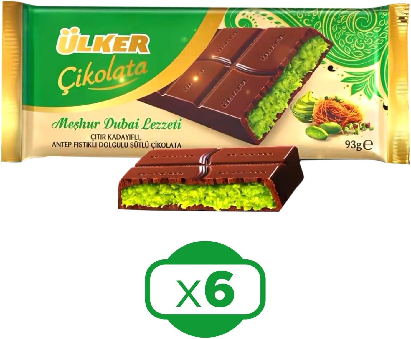 Ulker wholesale dubai chocolate bar packaging with green and gold design, showing a close-up of the chocolate bar. 