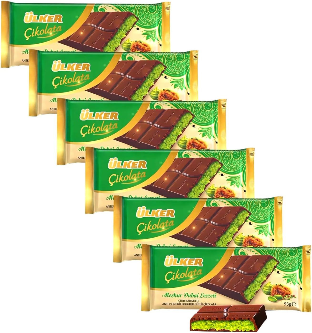 Multiple packages of Ulker pistachio dubai  chocolate bars on a white background