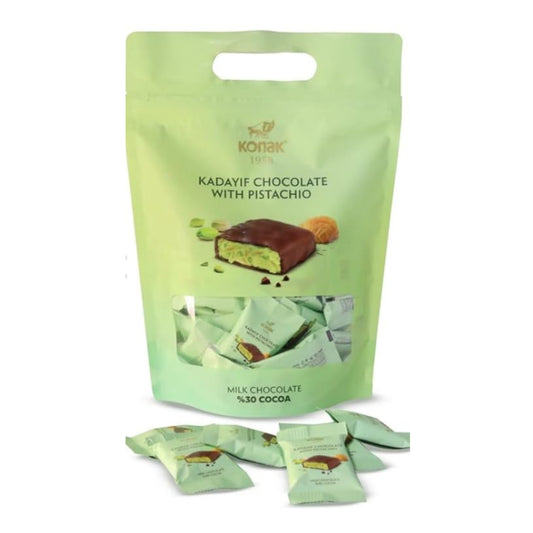 Green packaging of Konak Kadayif Chocolate with Pistachio on a white background bites deal, wholesale