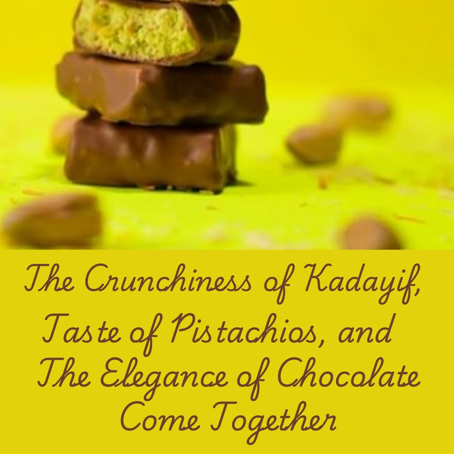 Stack of chocolate-covered treats with pistachios on a yellow background, dubai bites, candy