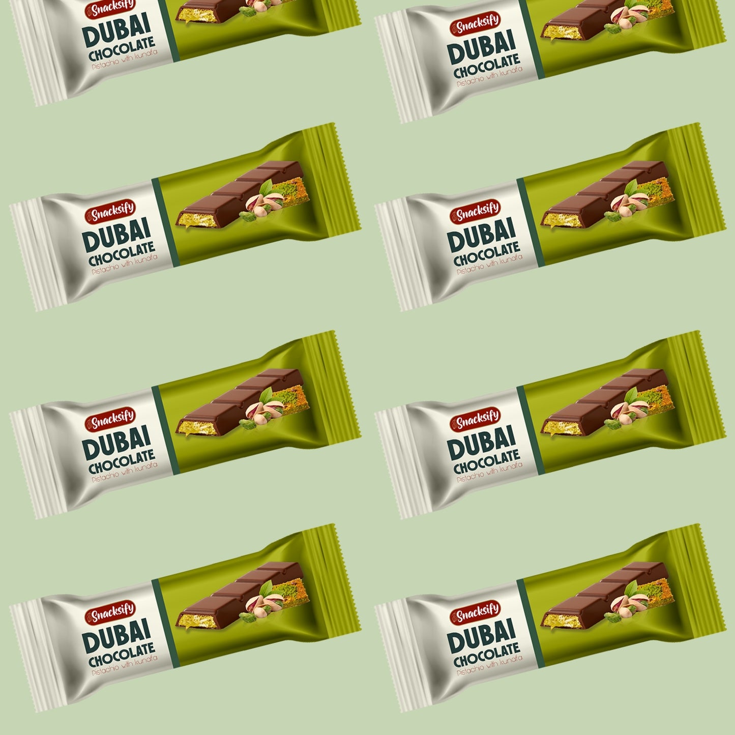 Multiple packages of Dubai Chocolate on a light green background, Wholesale Dubai Chocolate