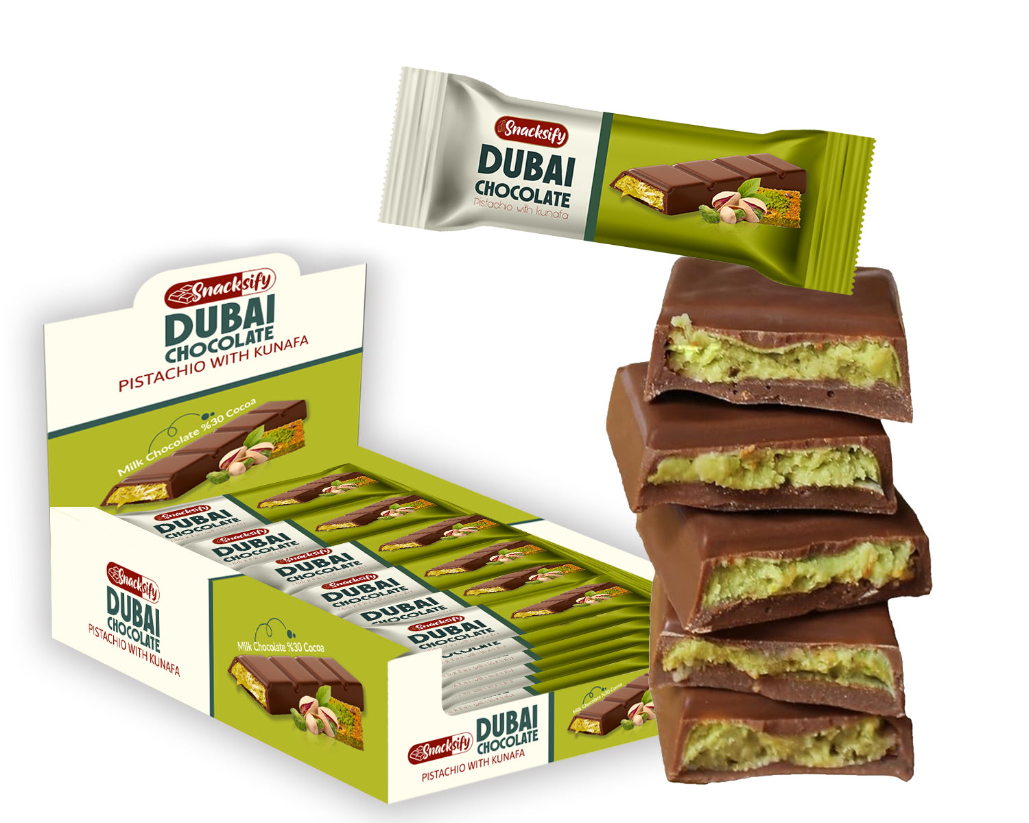 Dubai Chocolate bars with packaging on a white background, wholesale bulk display