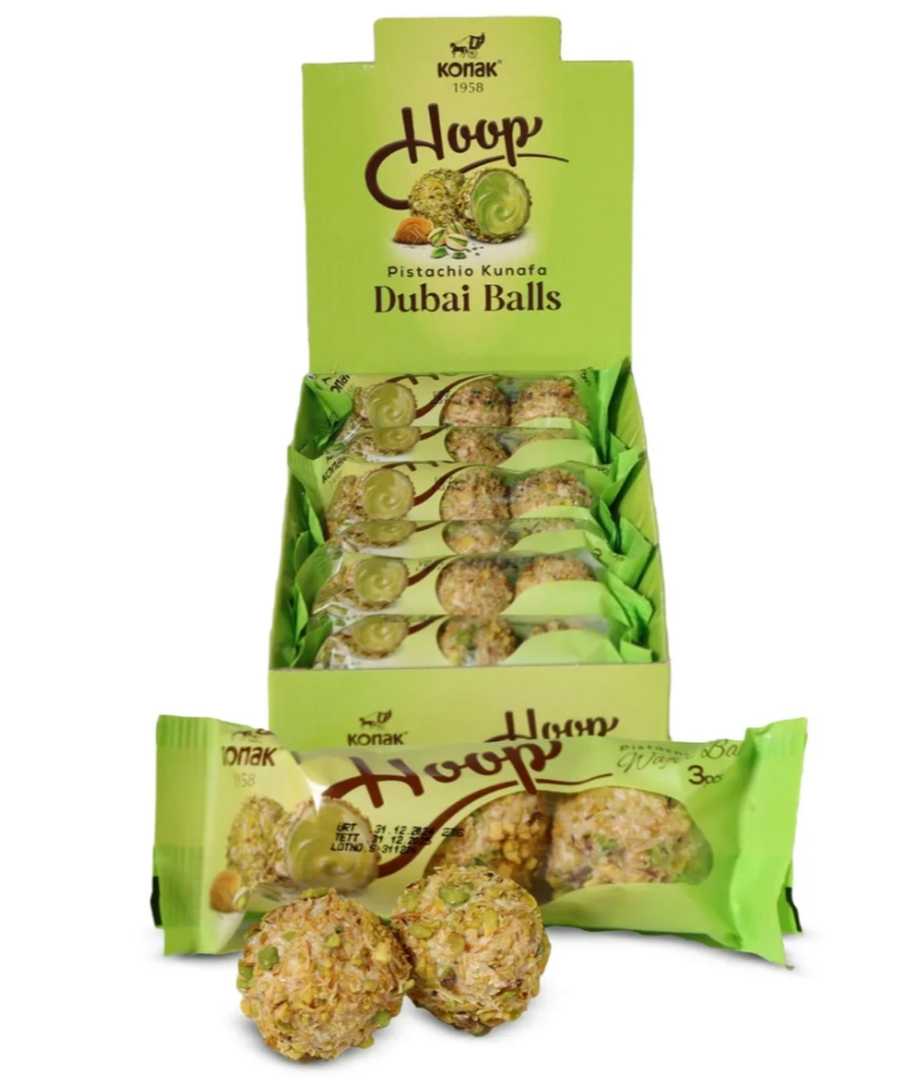 Pistachio Kunafa Dubai Balls packaging with green and brown design.