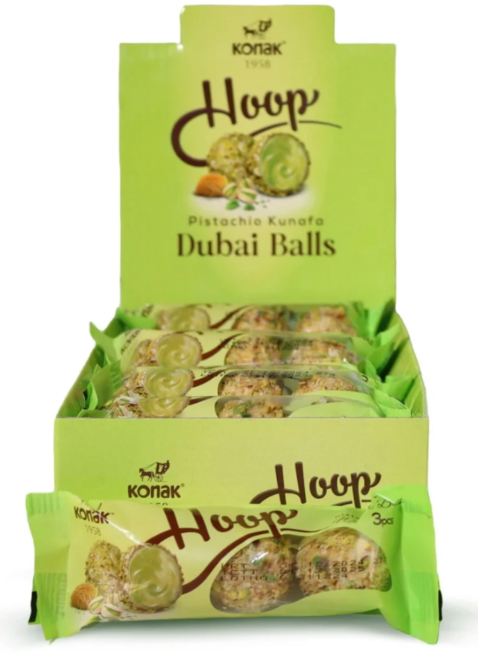Packaging of Pistachio Kunafa Dubai Balls on a white background