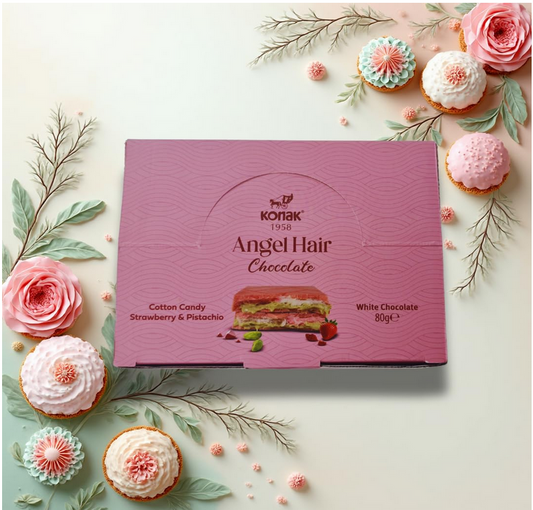 Pink box of Konak Angel Hair Chocolate with decorative flowers and leaves on a light background, wholesale package 