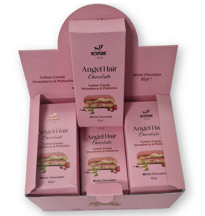 Konak Angel Hair Chocolate packaging with pink boxes on a white background