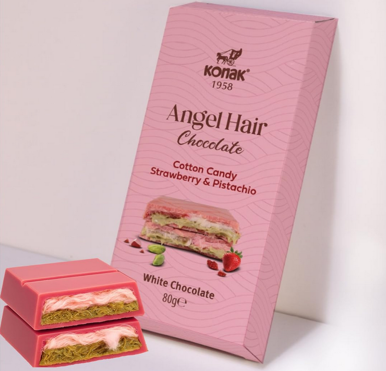 Pink packaging of Konak Angel Hair Chocolate with a piece cut open to show the interior.
