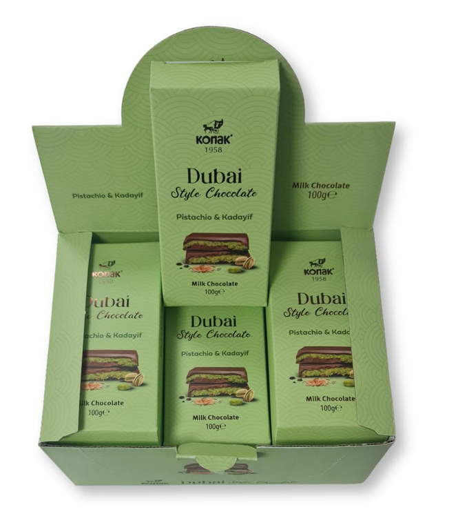 Green packaging of Konak Dubai Style Chocolate with multiple chocolate bars inside. wholesale
