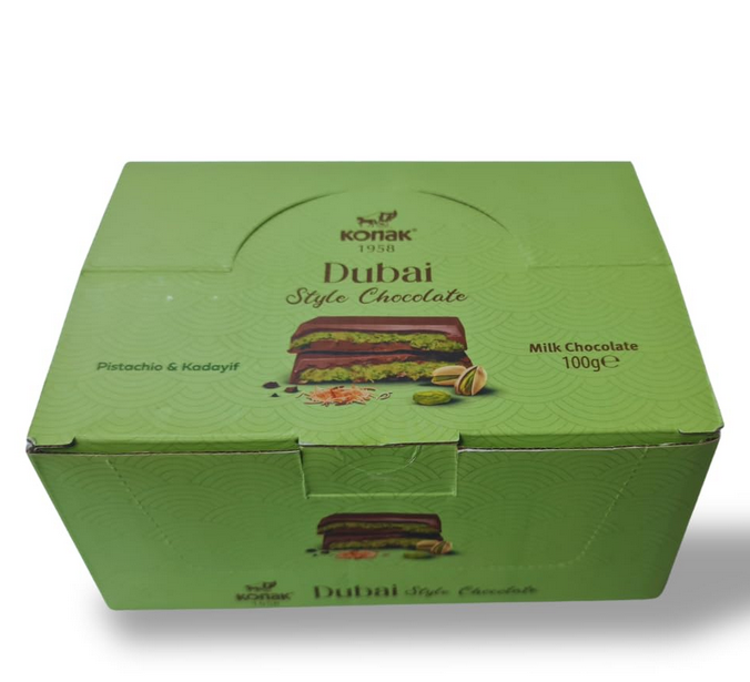 Green box of Konak Dubai Style Chocolate on a white background, wholesale box