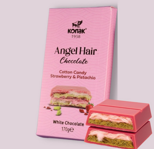 Pink packaging of Angel Hair pistachio cotton candy white Chocolate with Konak branding on a light gray background