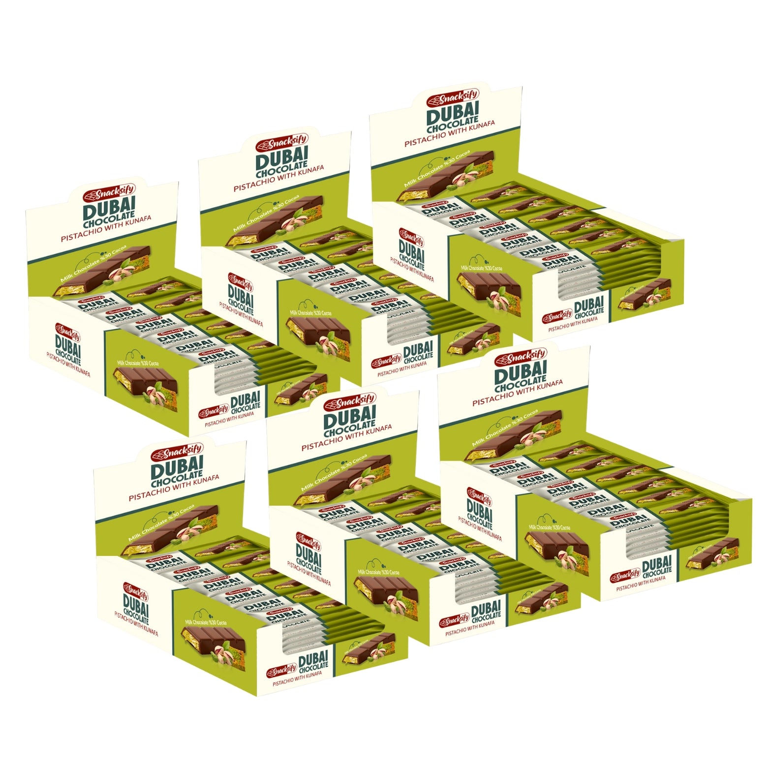 Multiple boxes of Dubai chocolate bars stacked on a white background, wholesale orders